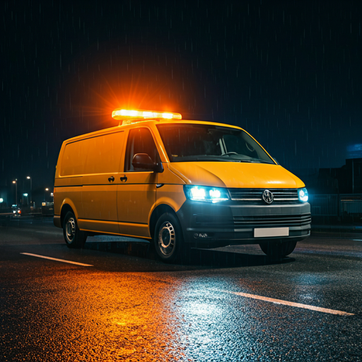 A professional roadside assistance van parked safely on a rainy evening